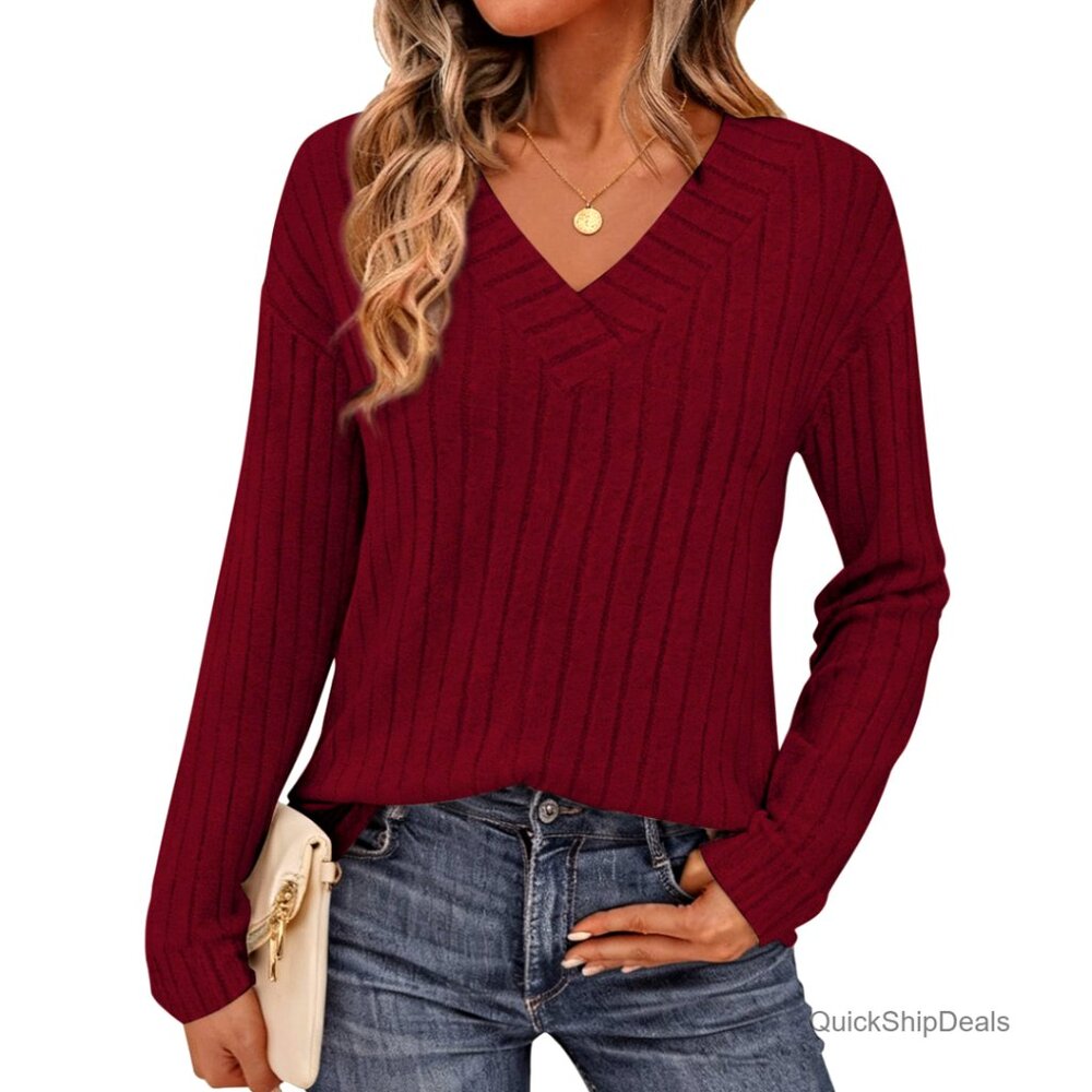 Long Sleeve Ribbed Knit V-Neck Tunic Top Lightweight Sweater Relaxed Fit